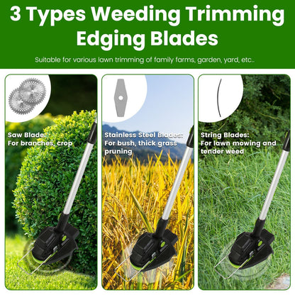 21V Electric Weed Edger Cordless String Trimmer Grass Mower Eater Bush Cutter with 16800RPM 2x 3000mAh Batteries 3.6-4.6FT Length 90° Rotatable Angle Saw Blade Steel Blade String Blade New Era Fashion LLc