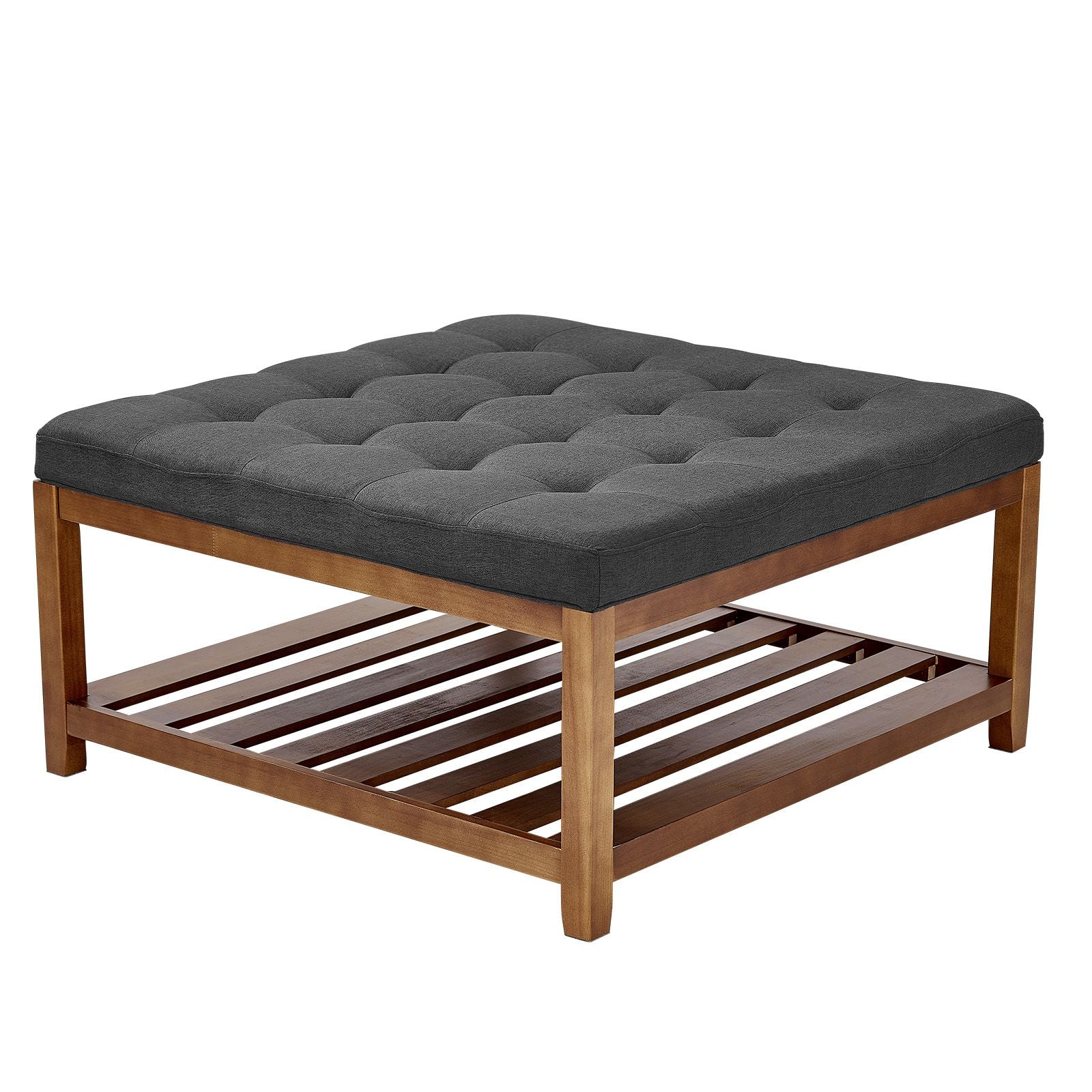 Large Square Ottoman Coffee Table, 34.5 Inch Tufted Coffee Table with Solid Wood Shelf Storage, Linen Solid Upholstered Footrest Ottoman for Bedroom Living Room, 400 LBS, Dark Gray New Era Fashion LLc