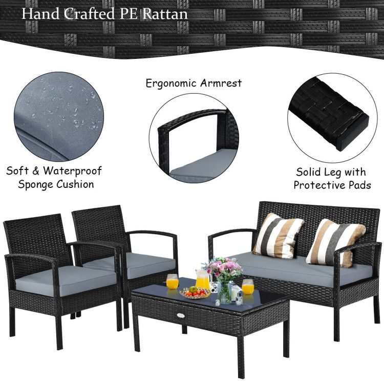 4 Pieces Patio Rattan Cushioned Furniture Set with Loveseat and Table Outdoor Conversation Sets New Era Fashion LLc