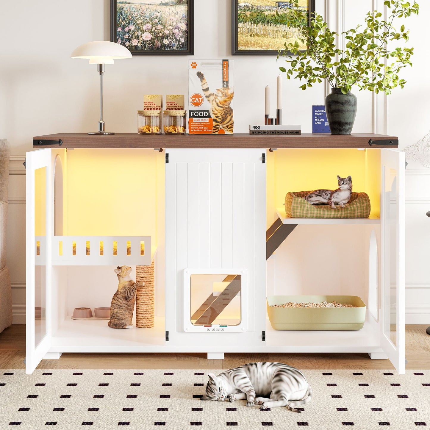 47.25" Large Cat Litter Box Enclosure with LED Light, Hidden Litter Box Furniture, Cat House with Stairs and Cat Scratching Post, Cat Cabinet Side Table with Smart Doors for Living Room New Era Fashion LLc