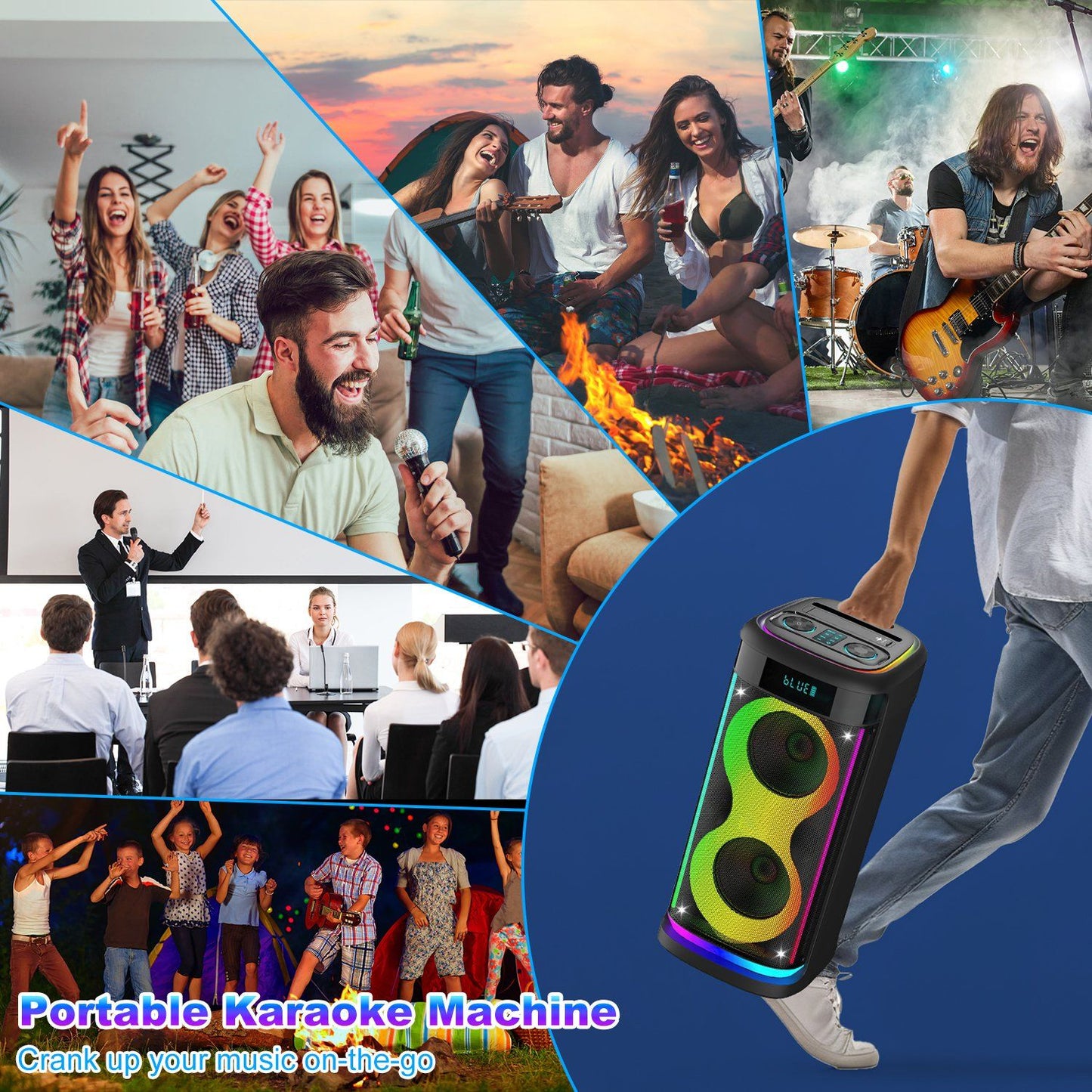 Portable Wireless Party Speaker with LED Light Wireless Mic Remote Control TWS Treble Bass Mic. Echo Music Accompany Mic. Priority Guitar In New Era Fashion LLc