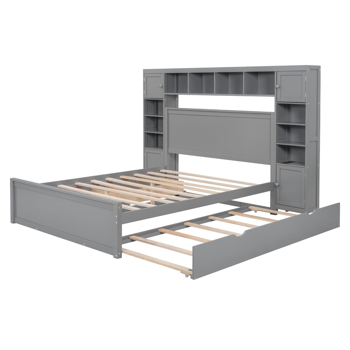 Queen Size Wooden Bed With All-in-One Cabinet, Shelf and Sockets,Twin XL Trundle, Gray New Era Fashion LLc