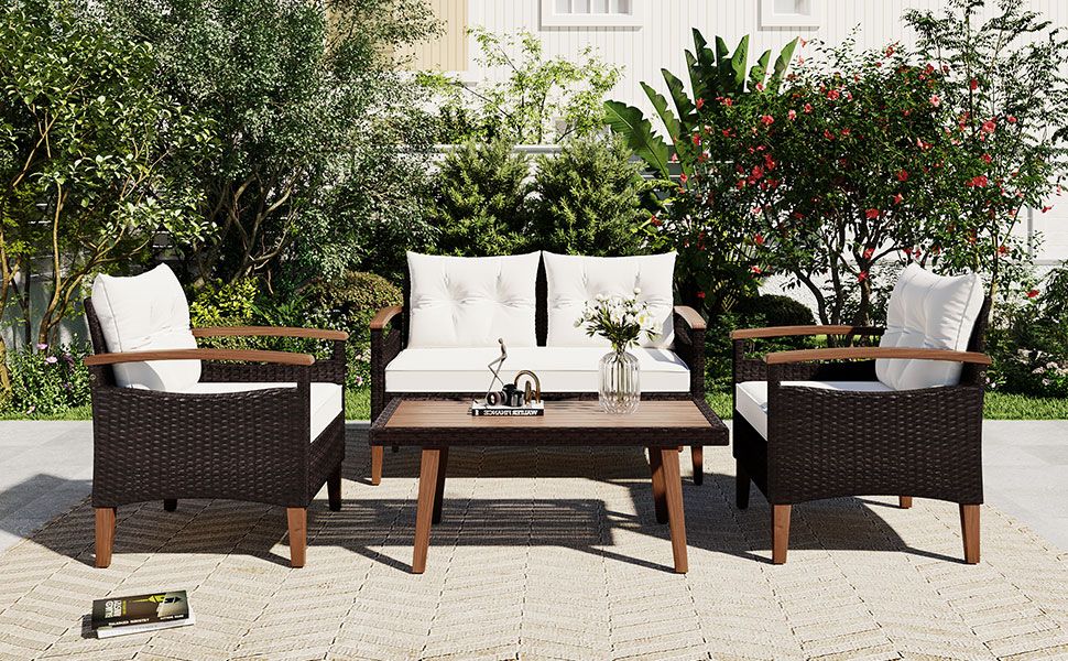 4-Piece Garden Furniture; Patio Seating Set; PE Rattan Outdoor Sofa Set; Wood Table and Legs; Brown and Beige New Era Fashion LLc