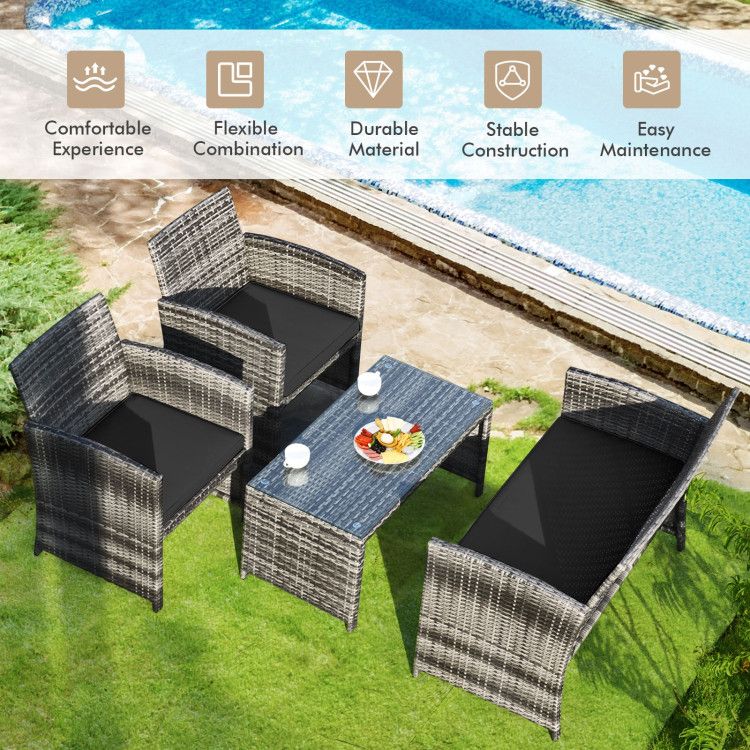 4 Pieces Patio Rattan Furniture Set with Glass Table and Loveseat New Era Fashion LLc