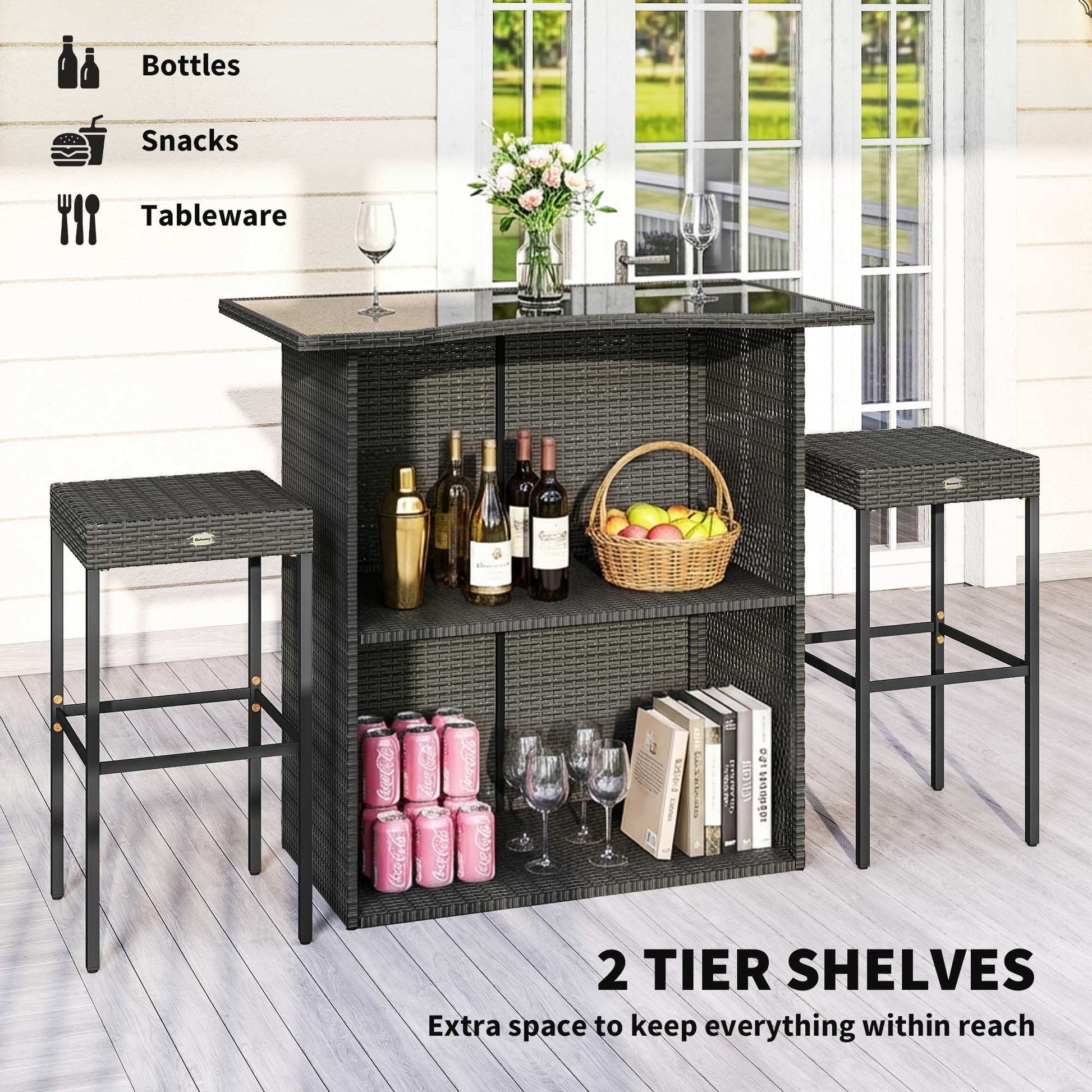 5 Piece Rattan Wicker Bar Set, High Top Outdoor Table and Chairs, Bar Height Patio Set, 2 Shelves & 4 Bar Stools, Gray New Era Fashion LLc