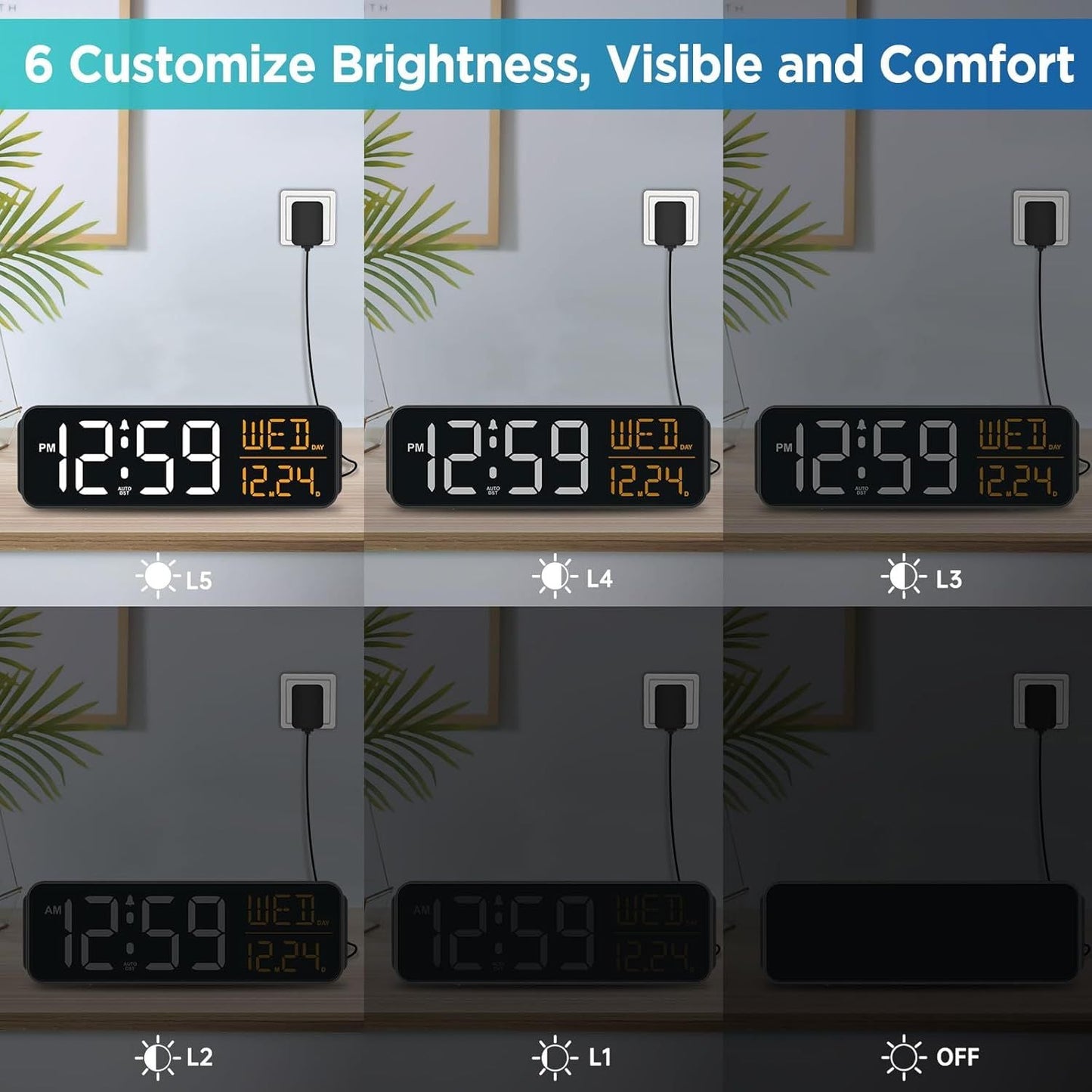 Large Display Digital Alarm Clock for Bedrooms, Date Day of Week Desk Table Clocks for Living Room Office, Dimmable 5 Dimmers Plug in Electric Clock, Auto DST New Era Fashion LLc