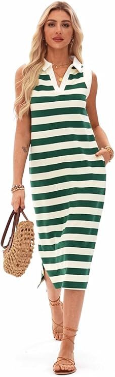 Green Summer Dress for Women V Neck Sleeveless Midi Striped Sundress with Pockets Casual Beach Large New Era Fashion LLc
