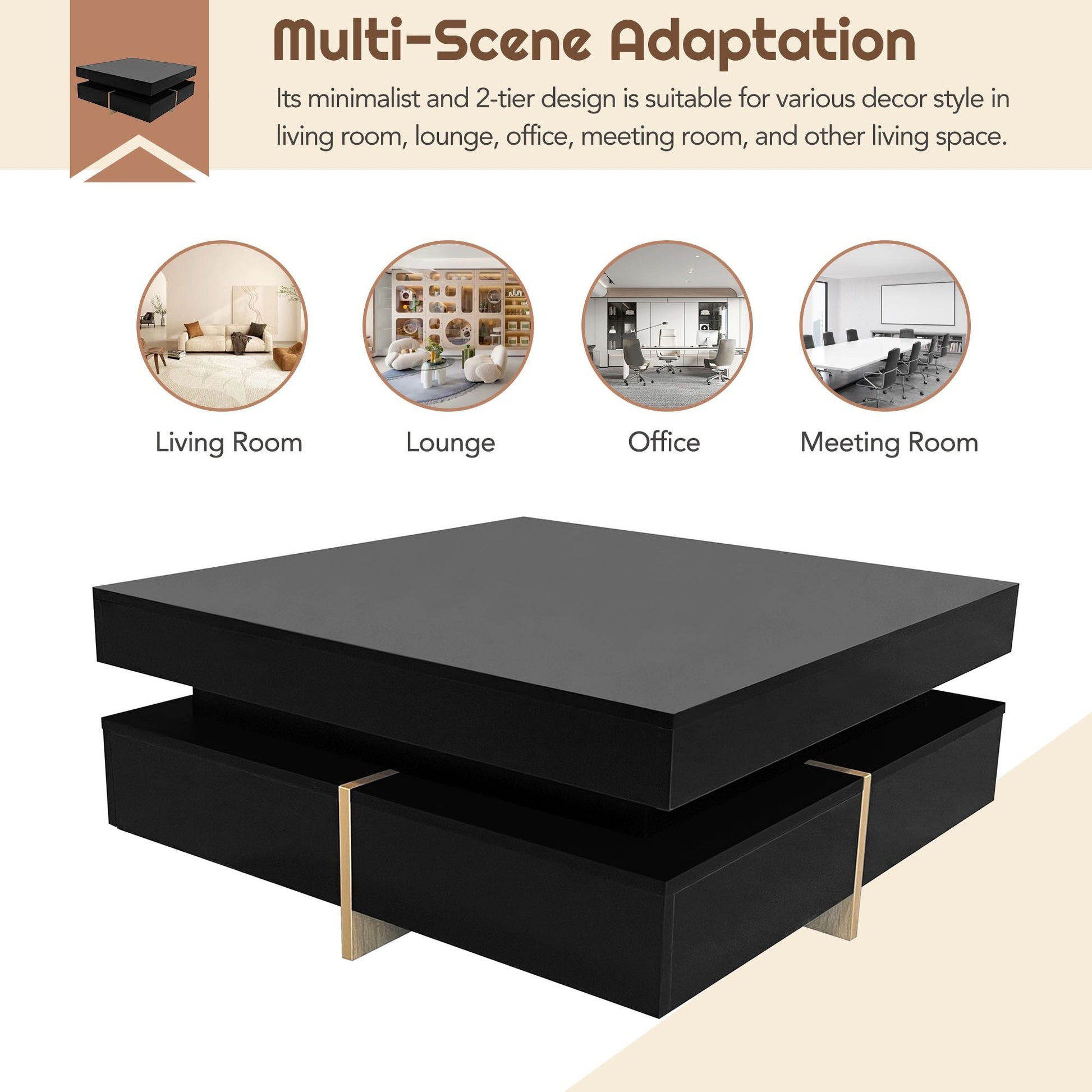 Sleek Black High Gloss Modern Coffee Table with 4 Drawers for Organized Living Rooms, Square Design with Wood Grain Legs, Ideal Cocktail Table 31.5''x31.5'' New Era Fashion LLc