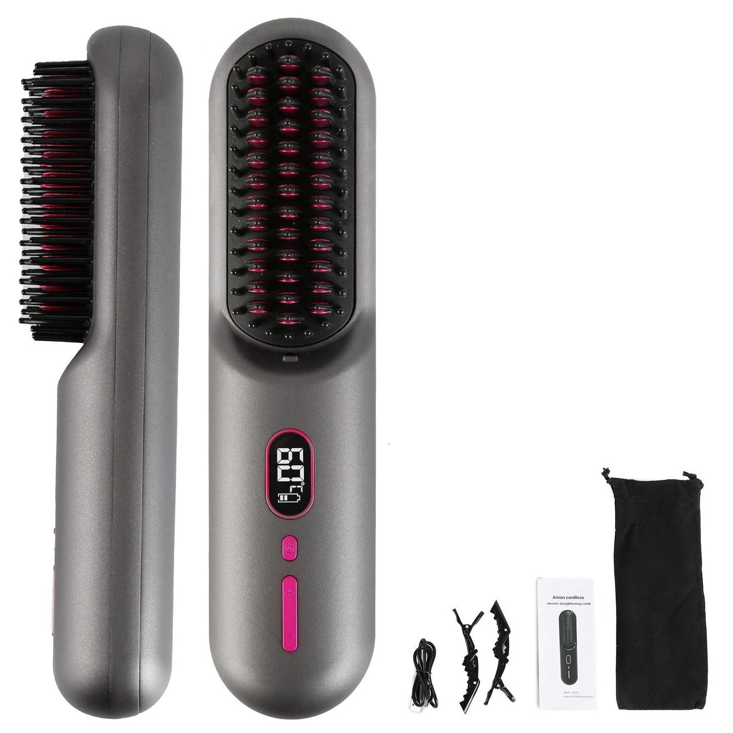 Cordless Negative Ion Hair Straightener Brush Rechargeable Mini Styling Comb with 12 Heating Levels Anti-scald 30S Preheating 30Mins Auto Sleep LCD Display New Era Fashion LLc