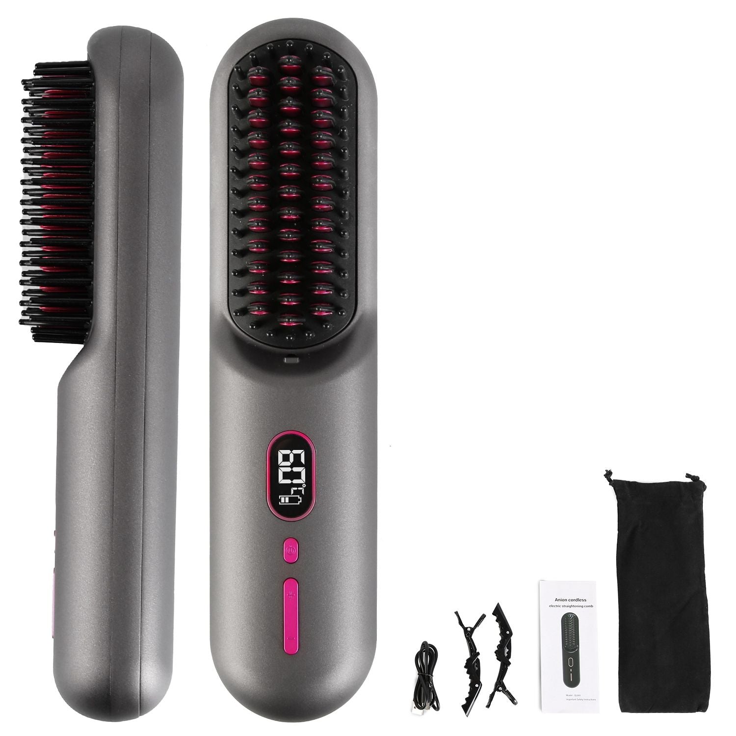 Cordless Negative Ion Hair Straightener Brush Rechargeable Mini Styling Comb with 12 Heating Levels Anti-scald 30S Preheating 30Mins Auto Sleep LCD Display New Era Fashion LLc