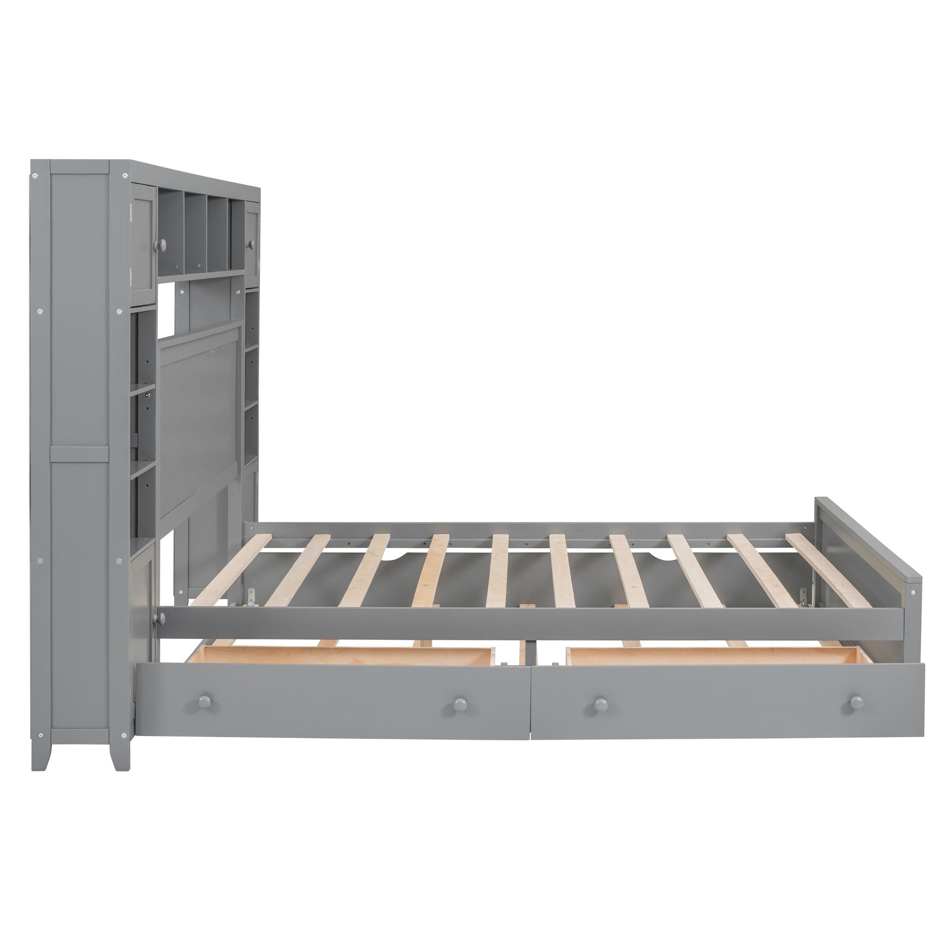 Queen Size Wooden Bed With All-in-One Cabinet, Shelf and Sockets,Twin XL Trundle, Gray New Era Fashion LLc