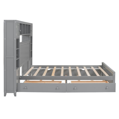 Queen Size Wooden Bed With All-in-One Cabinet, Shelf and Sockets,Twin XL Trundle, Gray New Era Fashion LLc