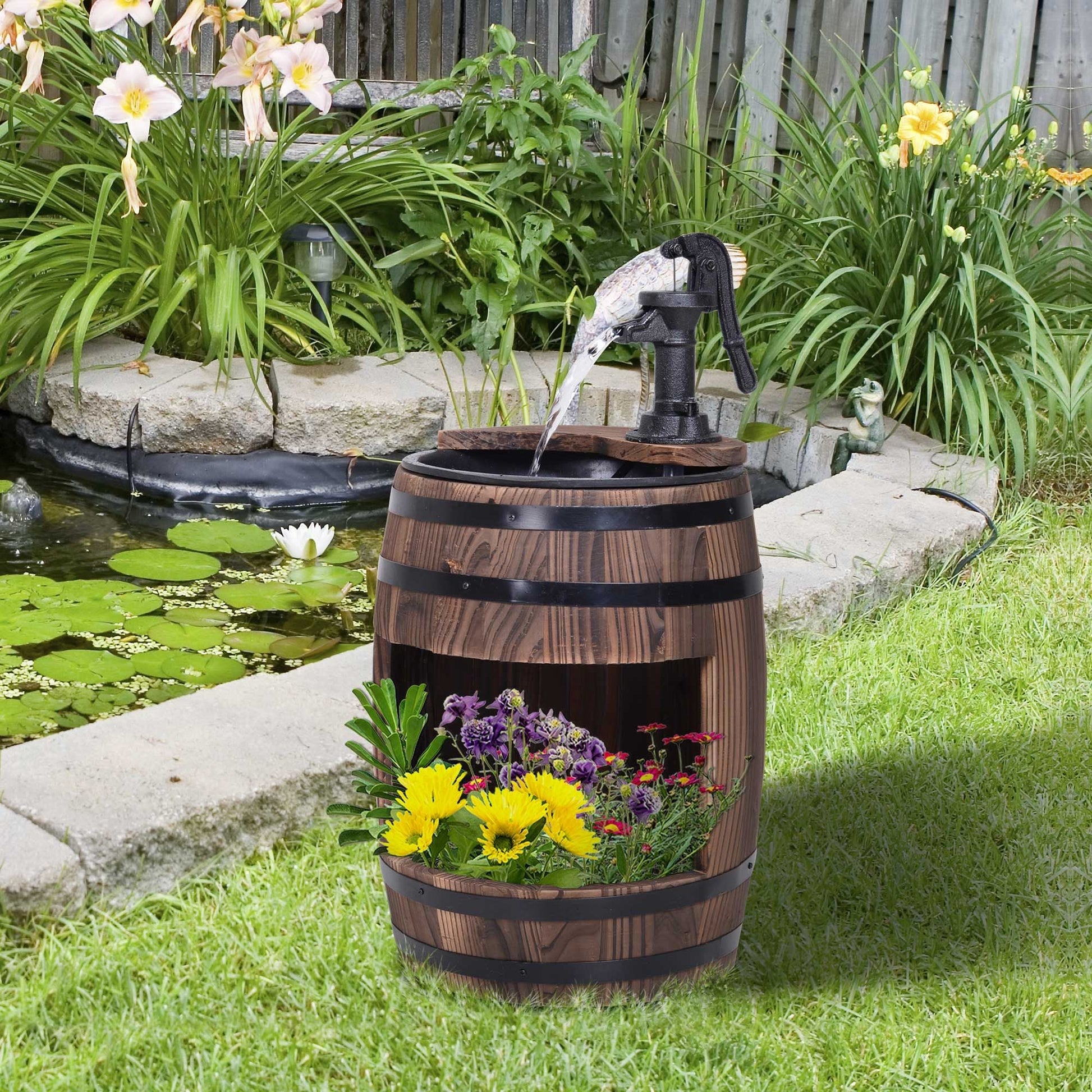 2-Tier Wooden Water Pump Fountain with Flower Box Base Durable Design for Garden Decor New Era Fashion LLc