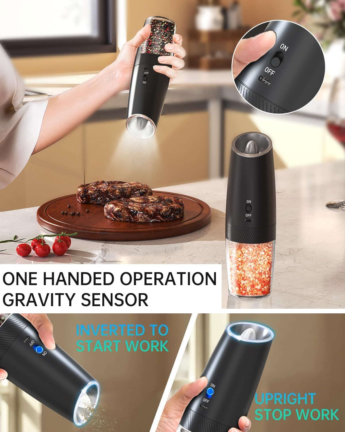 Rechargeable Electric Salt and Pepper Grinder Set Gravity Salt and Pepper Mills Set with LED Light, No Battery Needed, Adjustable Coarseness, Washable 135ml Container, Black New Era Fashion LLc