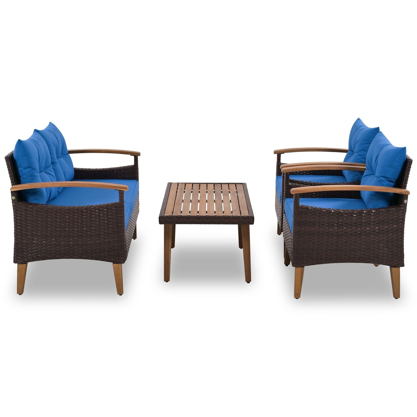 4-Piece Garden Furniture; Patio Seating Set; PE Rattan Outdoor Sofa Set; Wood Table and Legs; Brown and Beige New Era Fashion LLc