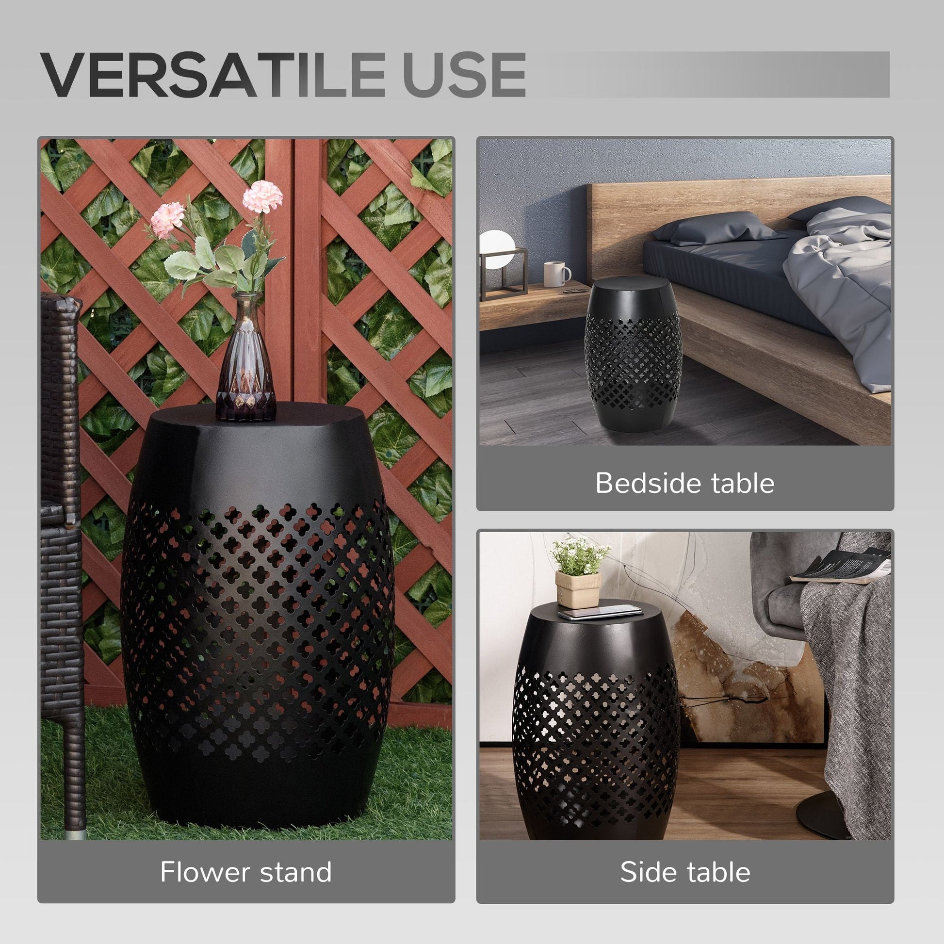 12.5" Steel Outdoor Side Table, Round Hollow Drum Patio End Table, Accent Table for Indoor and Outdoor, Black New Era Fashion LLc