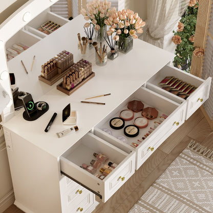 Luxurious Makeup Vanity with 10 Hollywood Bulbs, 3 Color Lighting Modes, Classic Dressing Table with Cushioned Stool and 9 Storage Drawers for Bedroom New Era Fashion LLc