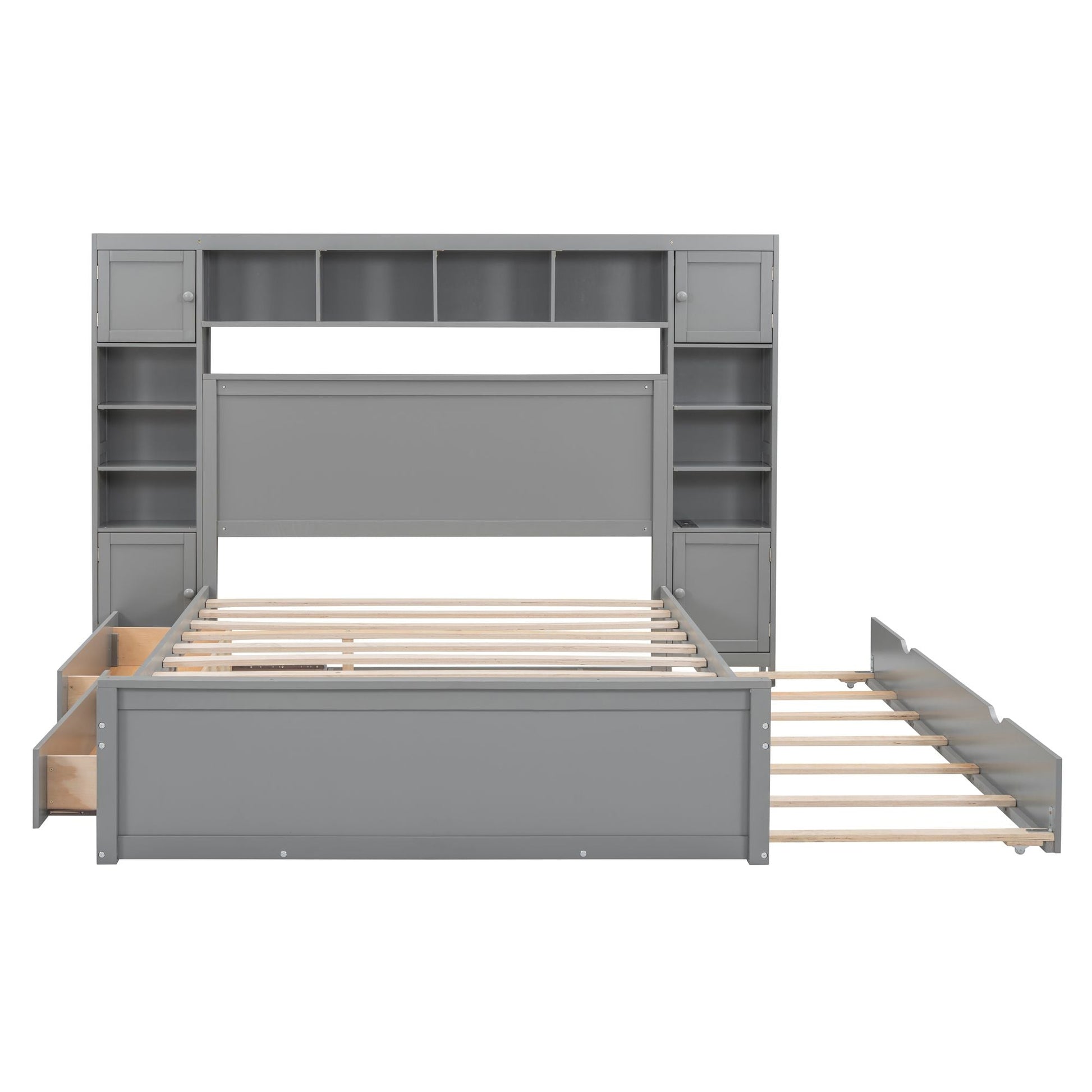 Queen Size Wooden Bed With All-in-One Cabinet, Shelf and Sockets,Twin XL Trundle, Gray New Era Fashion LLc