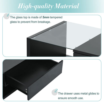 [VIDEO provided] ON-TREND Modern Coffee Table with Tempered Glass, Wooden Cocktail Table with High-gloss UV Surface, Modernist 2-Tier Rectangle Center Table for Living Room, Black New Era Fashion LLc