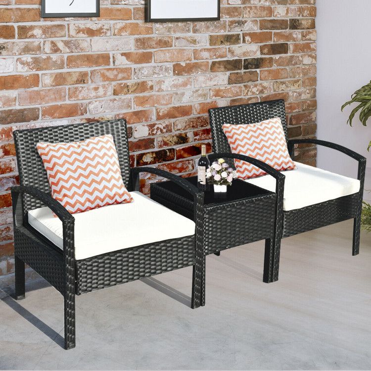3 Pieces Outdoor Rattan Patio Conversation Set with Seat Cushions New Era Fashion LLc