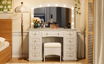 Luxurious Makeup Vanity with 10 Hollywood Bulbs, 3 Color Lighting Modes, Classic Dressing Table with Cushioned Stool and 9 Storage Drawers for Bedroom New Era Fashion LLc