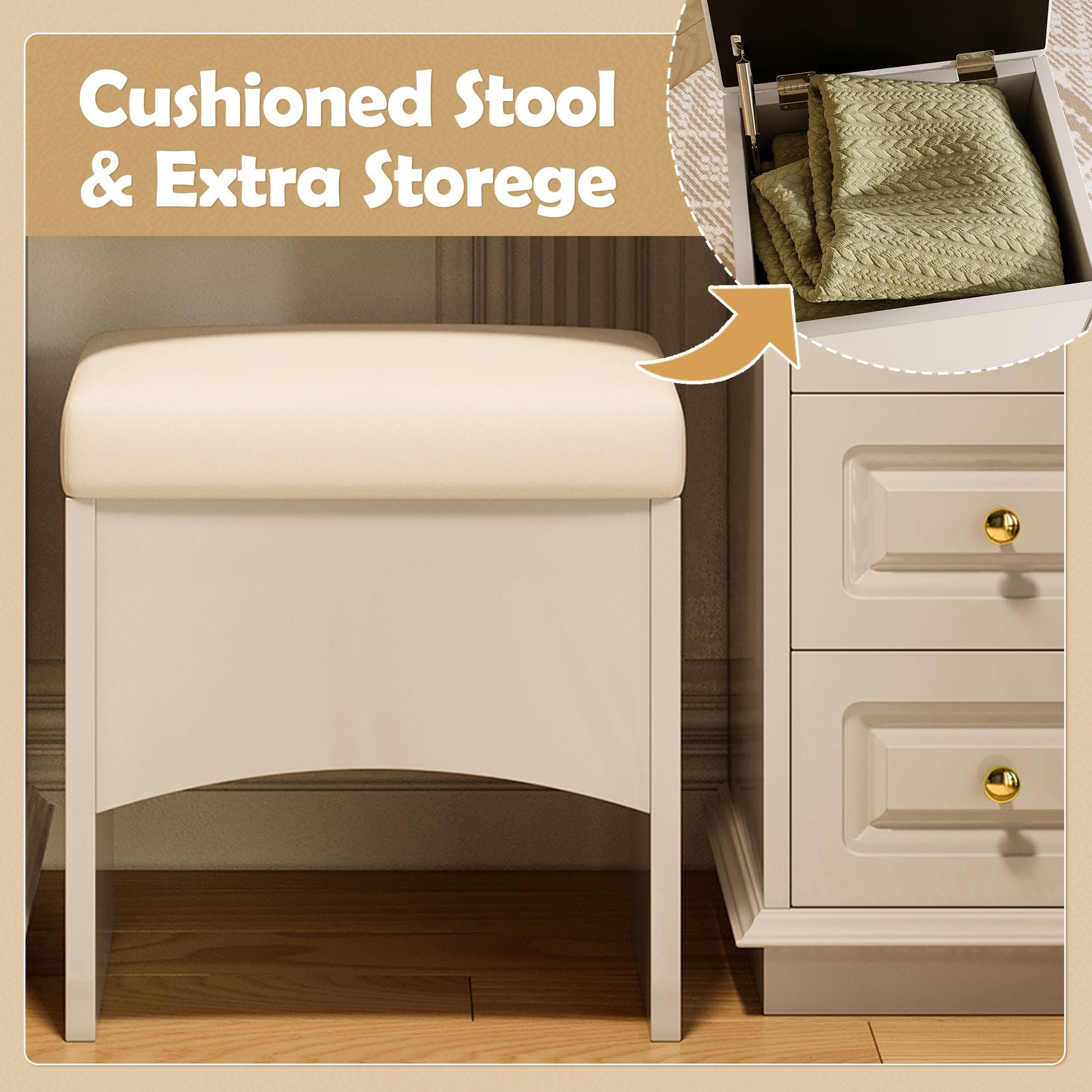 Luxurious Makeup Vanity with 10 Hollywood Bulbs, 3 Color Lighting Modes, Classic Dressing Table with Cushioned Stool and 9 Storage Drawers for Bedroom New Era Fashion LLc