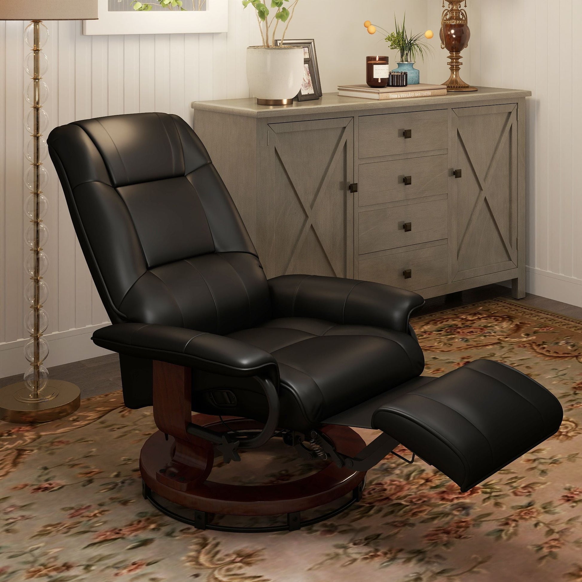 Living Room Relaxation: Black Faux Leather Swivel Recliner with Adjustable Footrest New Era Fashion LLc