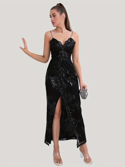 Floral Sequined Dress, Sexy Spaghetti Strap Sleeveless Party Dress, Women's Clothing New Era Fashion LLc