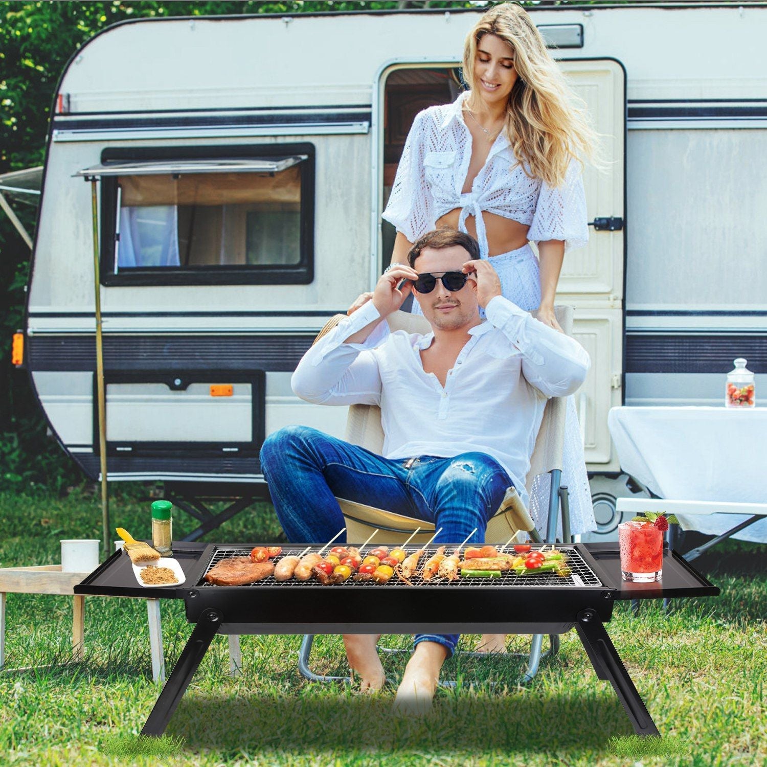 Folding Charcoal BBQ Grill Stainless Steel Grill with Shelf Net Easy Setup for Camping Picnic Outdoor Party Backyard New Era Fashion LLc
