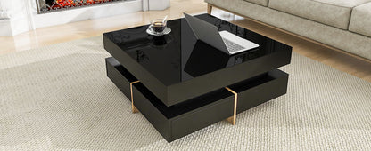 Sleek Black High Gloss Modern Coffee Table with 4 Drawers for Organized Living Rooms, Square Design with Wood Grain Legs, Ideal Cocktail Table 31.5''x31.5'' New Era Fashion LLc