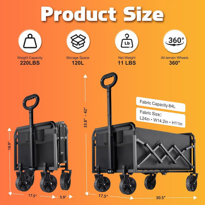 Collapsible Foldable Wagon Cart with Wheels - 220LBS Heavy Duty Folding Wagon Carts, Portable Lightweight Utility Wagon with All-Terrain Wheels & 2 Cup Holders, Grocery/Beach/Sports/Shopping/Black New Era Fashion LLc