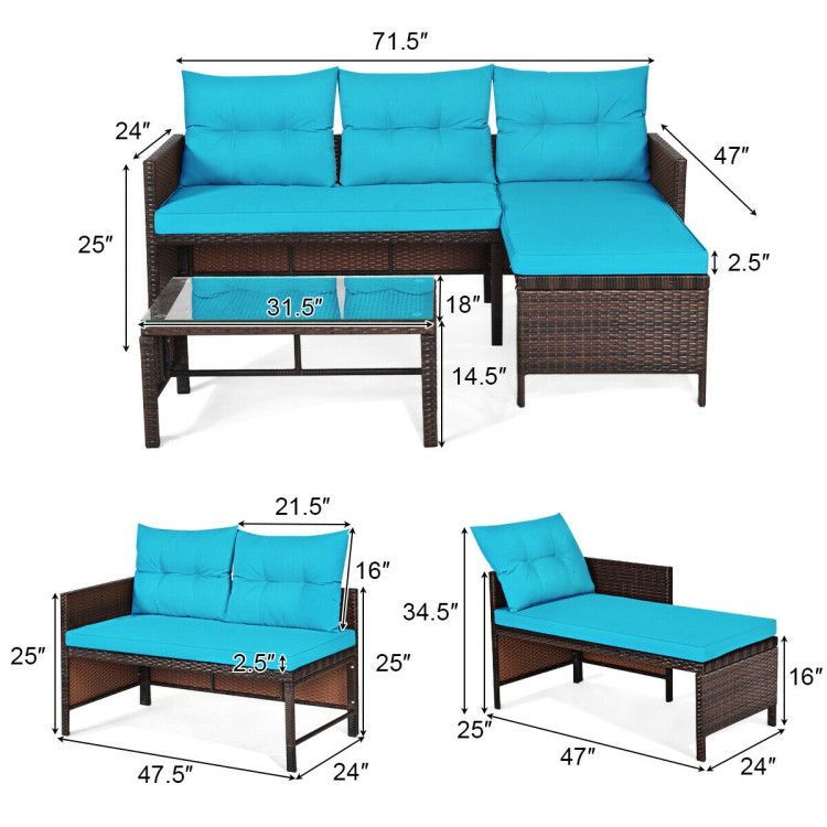 3 Pieces Outdoor Patio Corner Rattan Sofa Set New Era Fashion LLc