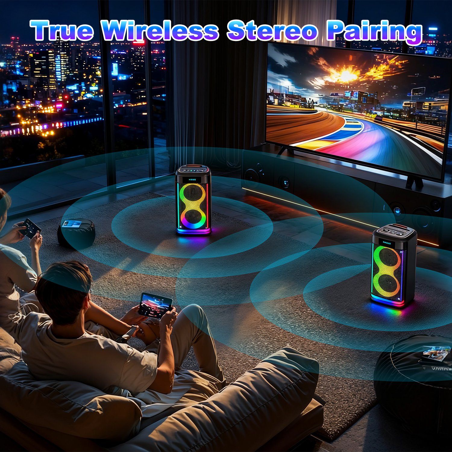 Portable Wireless Party Speaker with LED Light Wireless Mic Remote Control TWS Treble Bass Mic. Echo Music Accompany Mic. Priority Guitar In New Era Fashion LLc