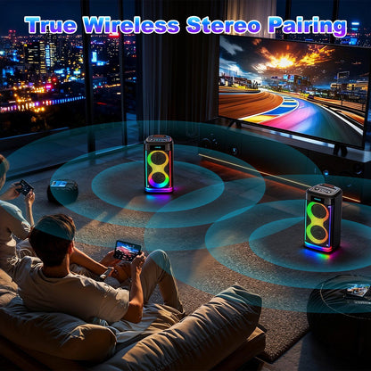 Portable Wireless Party Speaker with LED Light Wireless Mic Remote Control TWS Treble Bass Mic. Echo Music Accompany Mic. Priority Guitar In New Era Fashion LLc