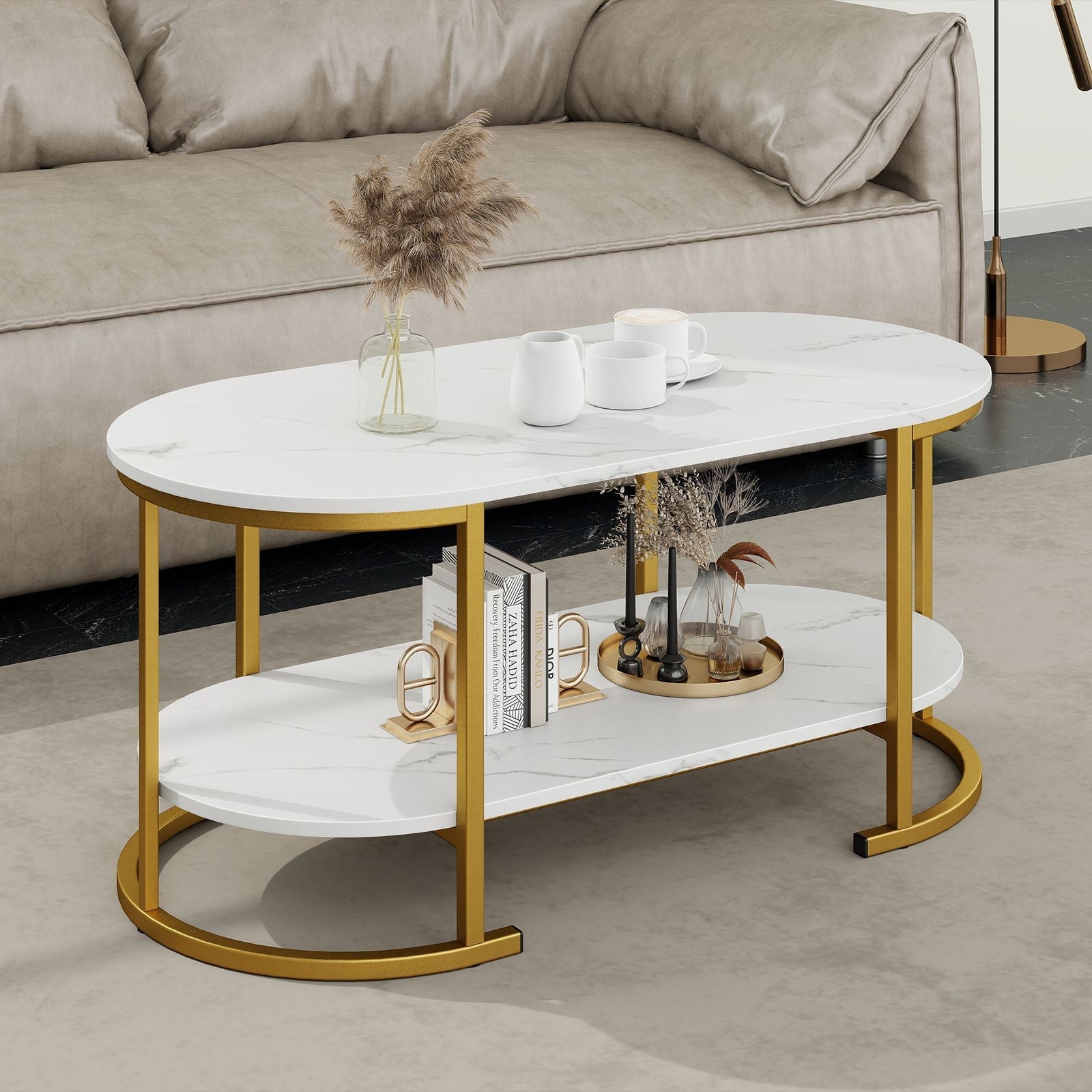Marble Coffee Table with Open Storage Shelf New Era Fashion LLc