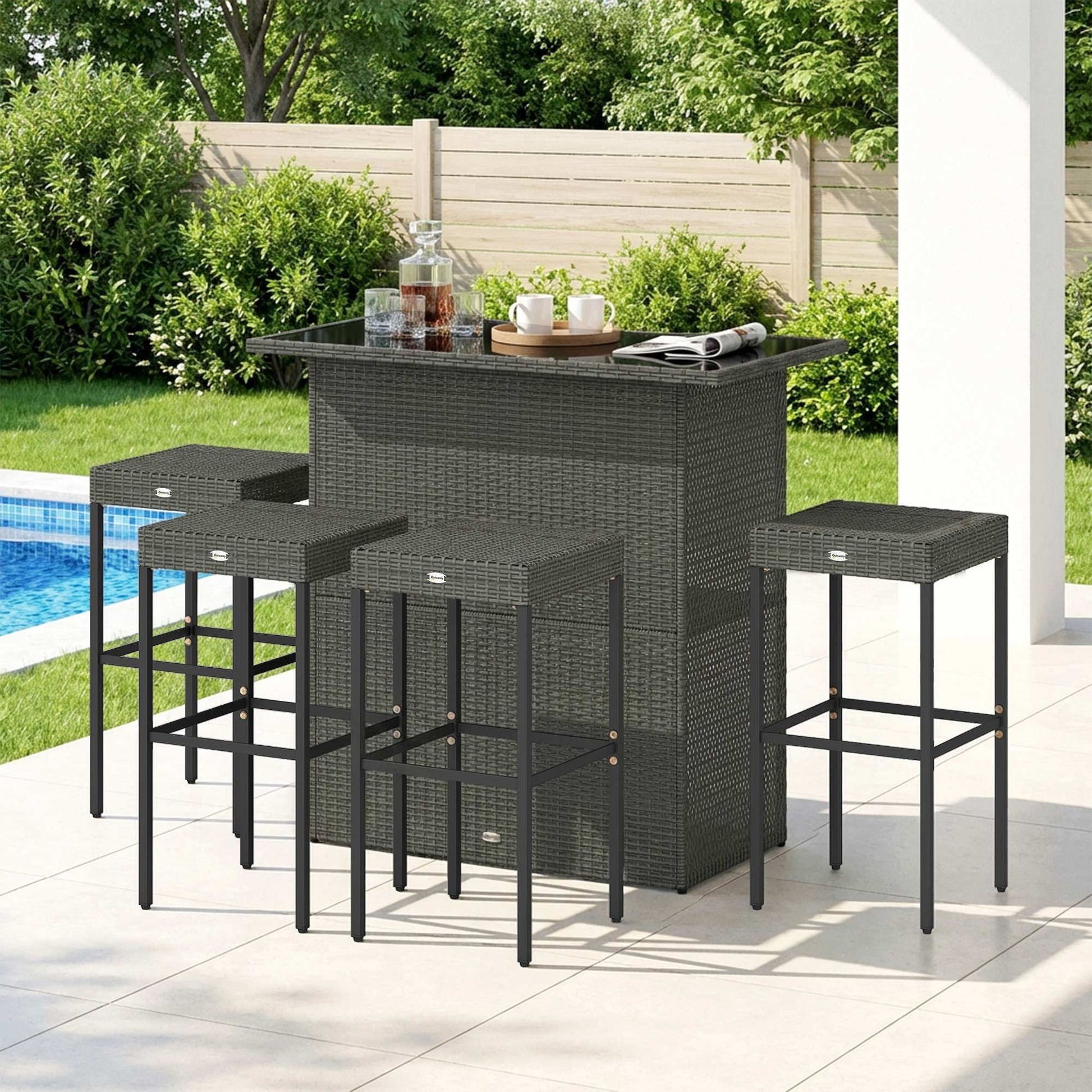 5 Piece Rattan Wicker Bar Set, High Top Outdoor Table and Chairs, Bar Height Patio Set, 2 Shelves & 4 Bar Stools, Gray New Era Fashion LLc