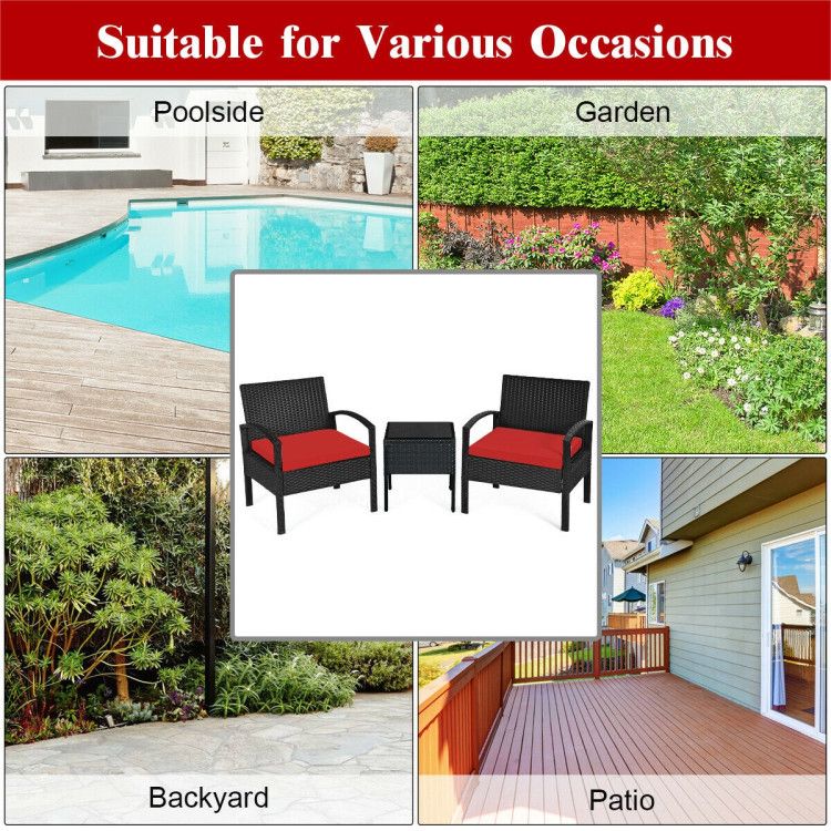 3 Pieces Outdoor Rattan Patio Conversation Set with Seat Cushions New Era Fashion LLc