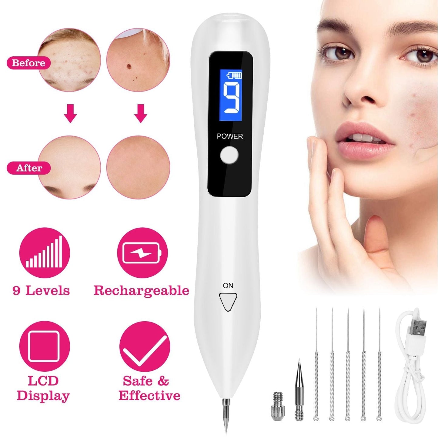 Skin Tag Repair Kit Portable Beauty Equipment Multi-Level with Home Usage USB Charging LCD Level Adjustable 6 Replaceable Needles New Era Fashion LLc
