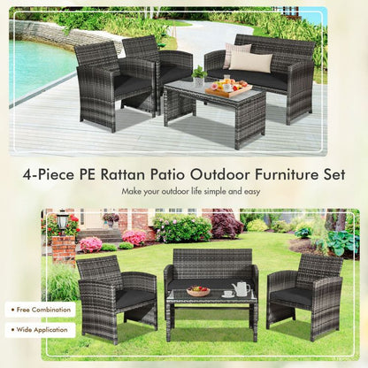 4 Pieces Patio Rattan Furniture Set with Glass Table and Loveseat New Era Fashion LLc