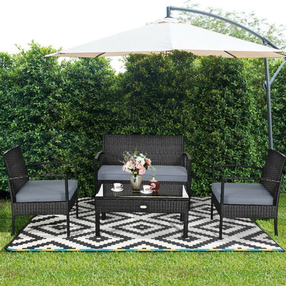 4 Pieces Patio Rattan Cushioned Furniture Set with Loveseat and Table Outdoor Conversation Sets New Era Fashion LLc