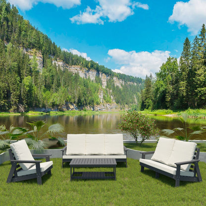 HIPS Loveseat with Cushion, Wood Grain Outdoor Garden Sofa, Sofa Set for Porch, Poolside, Terrace, and Yard Grey/Beige New Era Fashion LLc