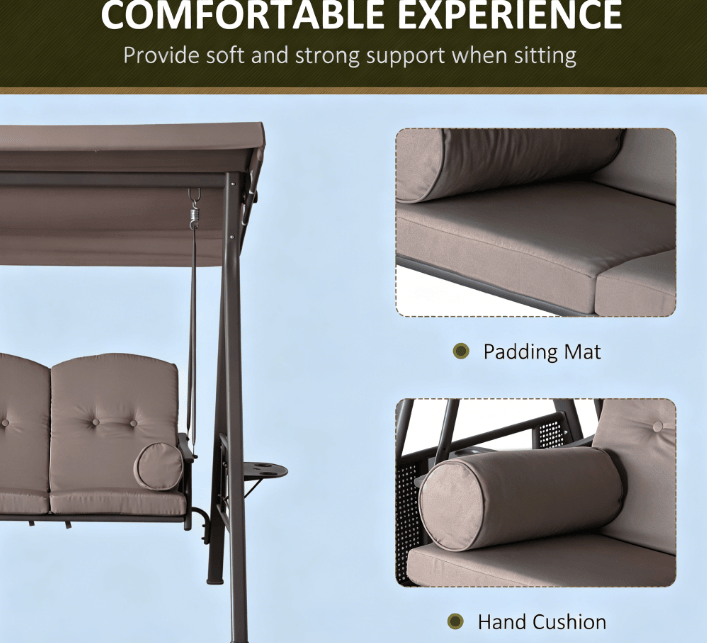 3-Seat Outdoor Patio Swing Chair Porch Glider with Adjustable Canopy Removable Cushion Pillows Side Trays for Garden Poolside Backyard Brown New Era Fashion LLc