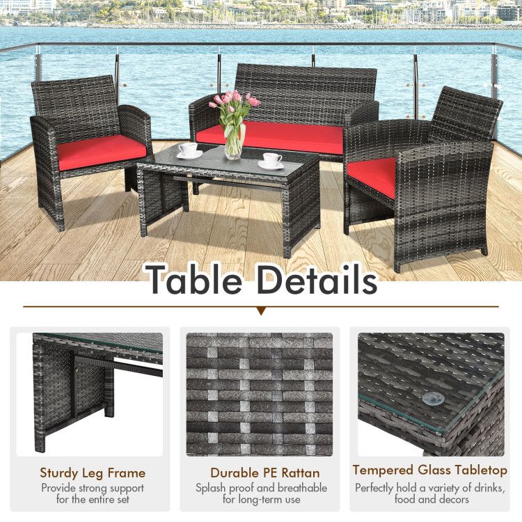 4 Pieces Patio Rattan Furniture Set with Glass Table and Loveseat New Era Fashion LLc