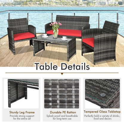 4 Pieces Patio Rattan Furniture Set with Glass Table and Loveseat New Era Fashion LLc