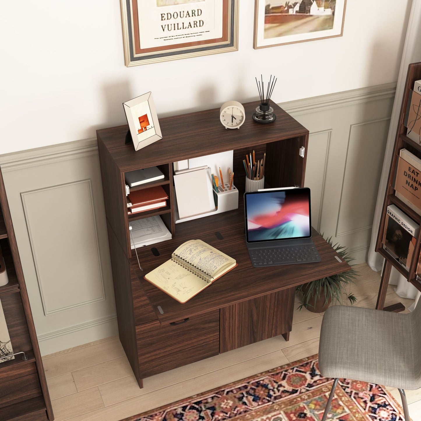 Bar Cabinet with Storage Drawer & Shelves, Fold-up Desktop, Ideal for Home,Dormitory, Small Spaces New Era Fashion LLc