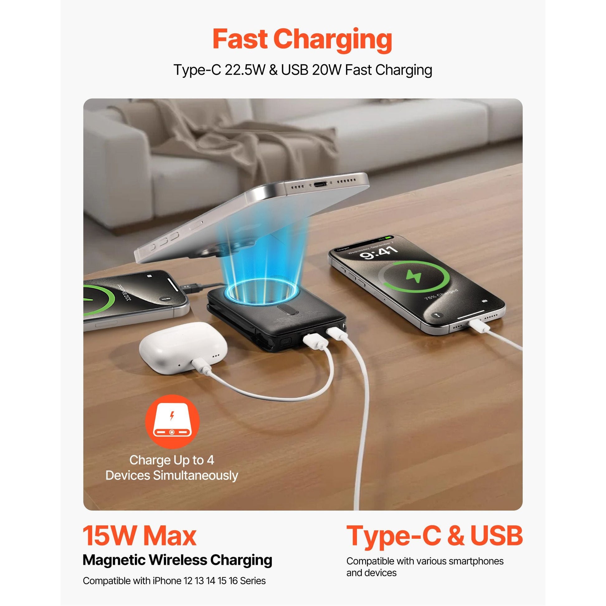Magnetic Power Bank, 10000 mAh Battery Pack, Wireless MagSafe-Compatible Portable Charger, with Smart LED Display, Foldable Stand, Fast Charging for iPhone16/15/14/13/12 Series, Samsung, Huawei New Era Fashion LLc
