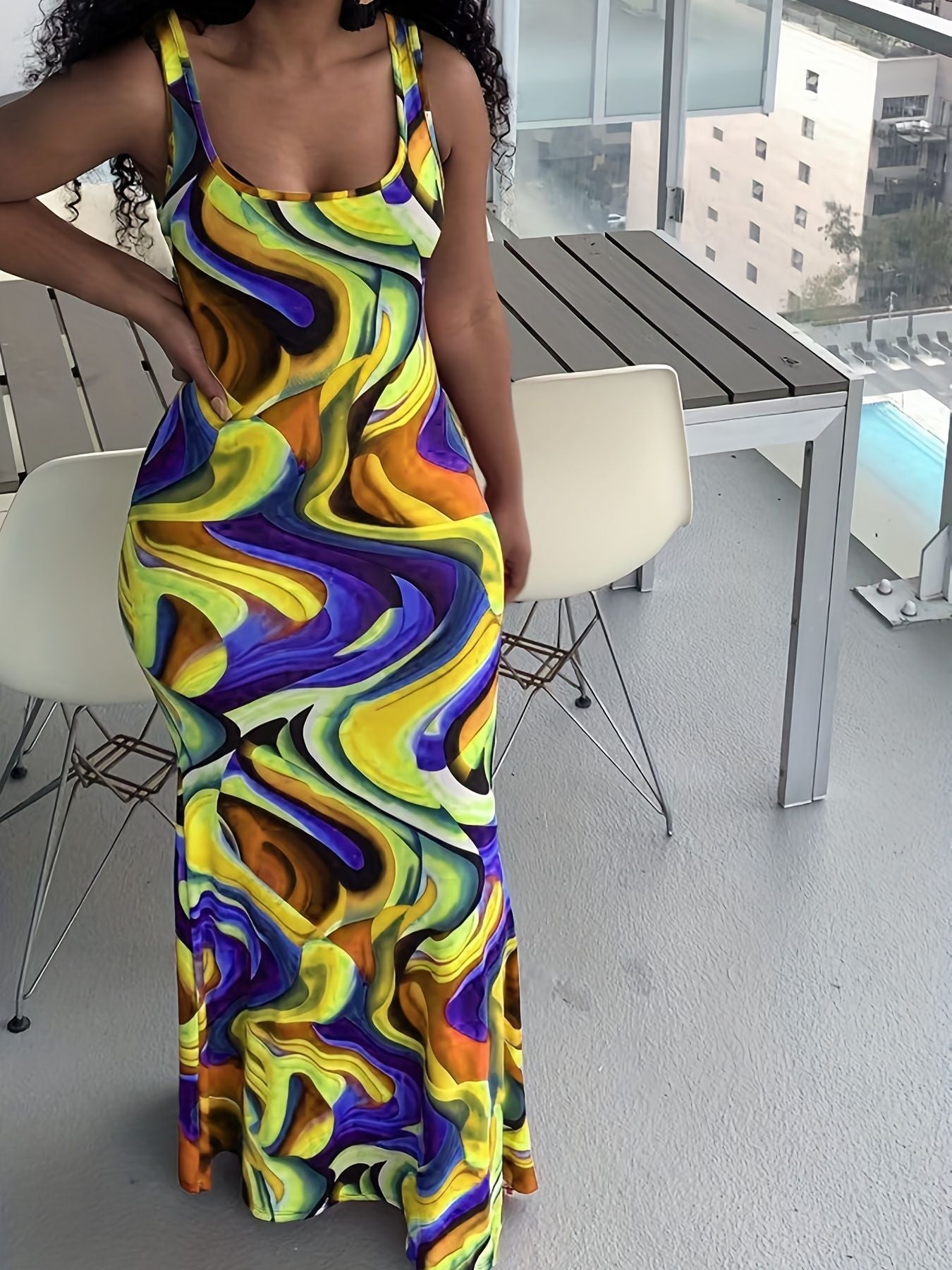 Abstract Ripple Print Dress, Sexy U Neck Sleeveless Bodycon Maxi Dress, Women's Clothing New Era Fashion LLc