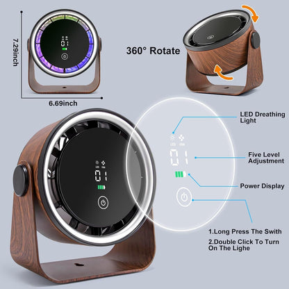 Small Desk Fan 5000mAh Rechargeable Battery Powered -Retro Low Noise Quiet Portable Gentle Blowing with LED Night Light Office Bedroom Table Top Wall Hanging Kitchen Camping Dorm 5-Speed 360° Rotation New Era Fashion LLc