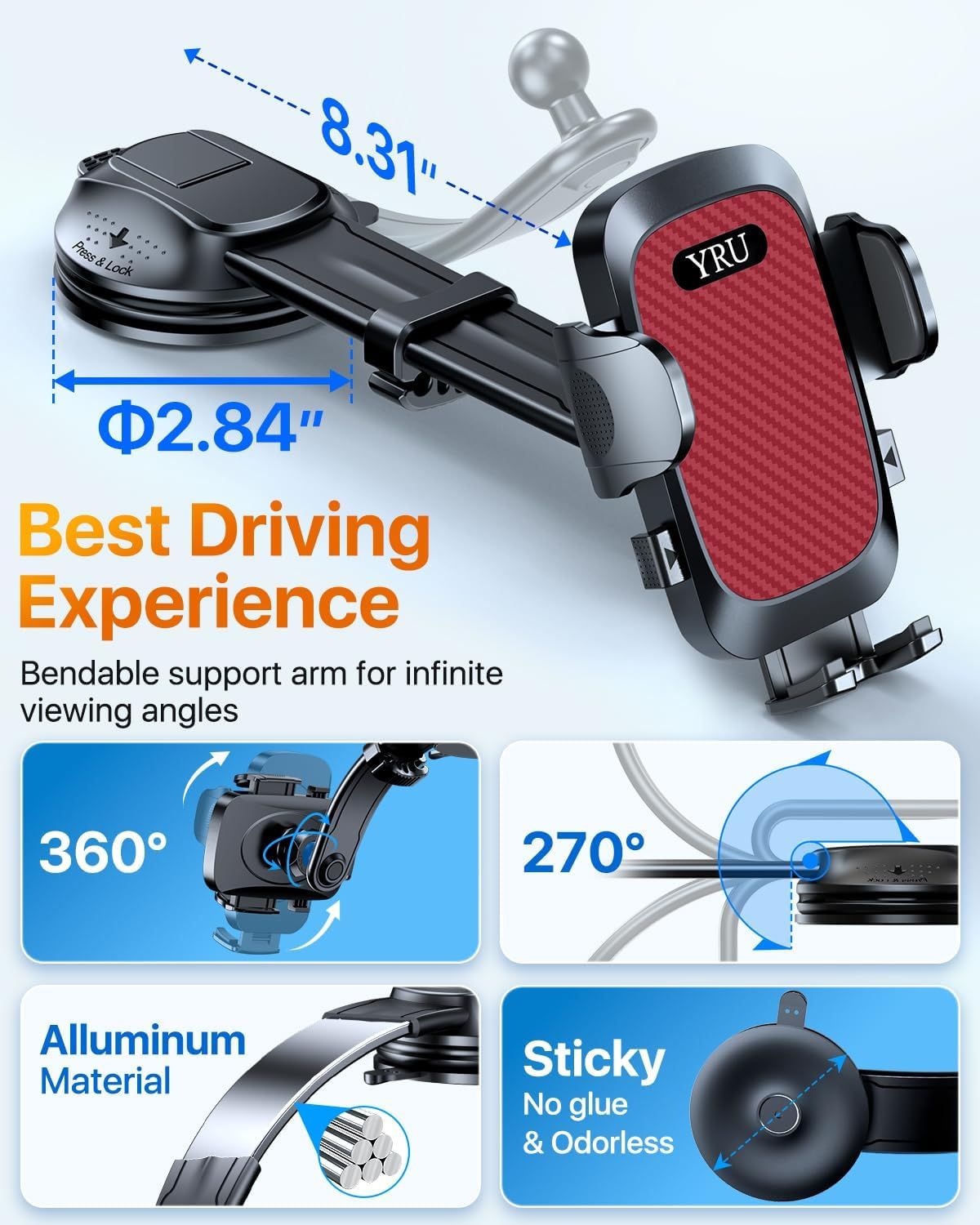 2026 Ultimate Car Phone Holder Mount Bendable & Adjustable Aluminum Arm Cell Phone Holder for Car Dashboard Windshield Phone Stand for iPhone 17 16 15 14 Pro Max Samsung Pickup Truck New Era Fashion LLc
