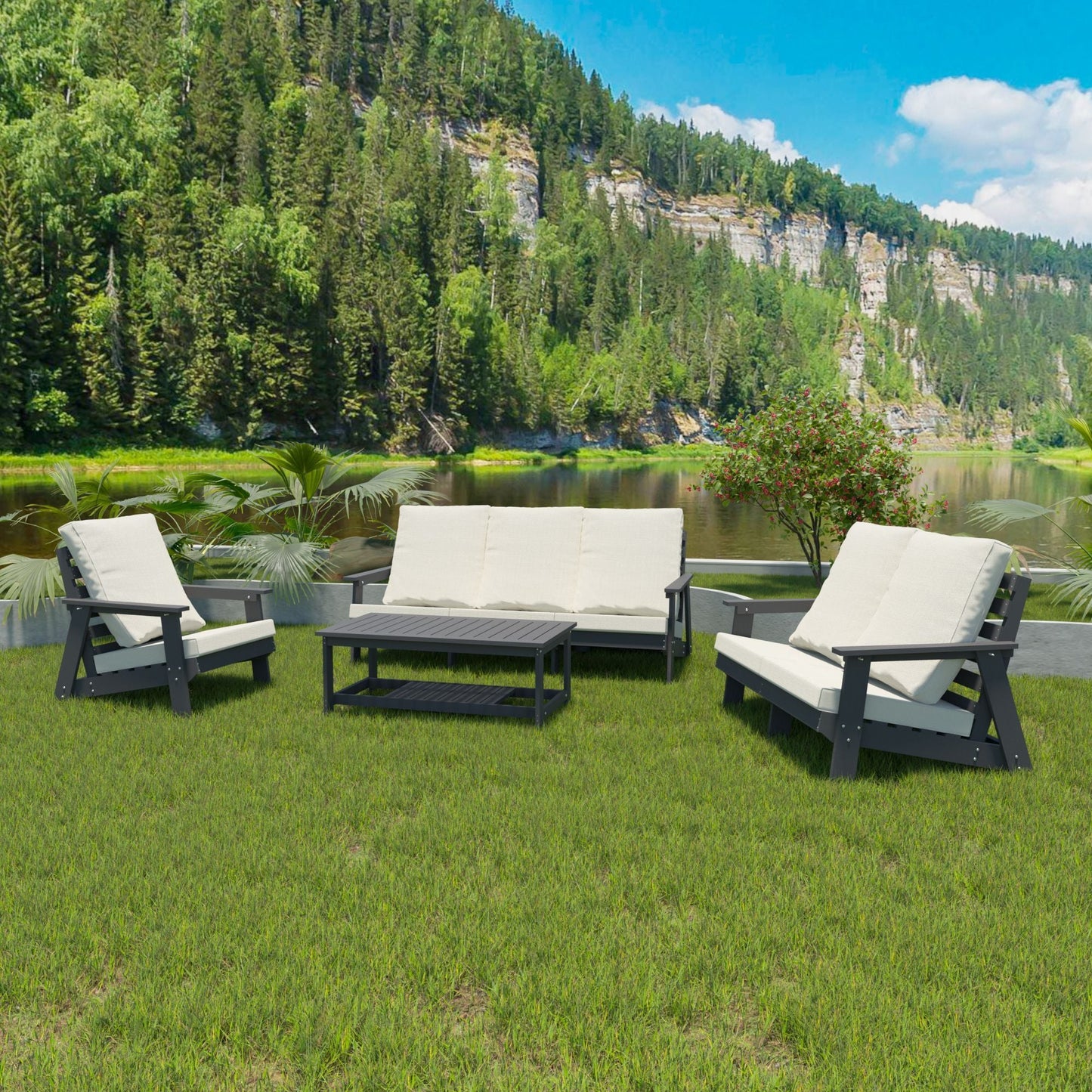 HIPS Loveseat with Cushion, Wood Grain Outdoor Garden Sofa, Sofa Set for Porch, Poolside, Terrace, and Yard Grey/Beige New Era Fashion LLc